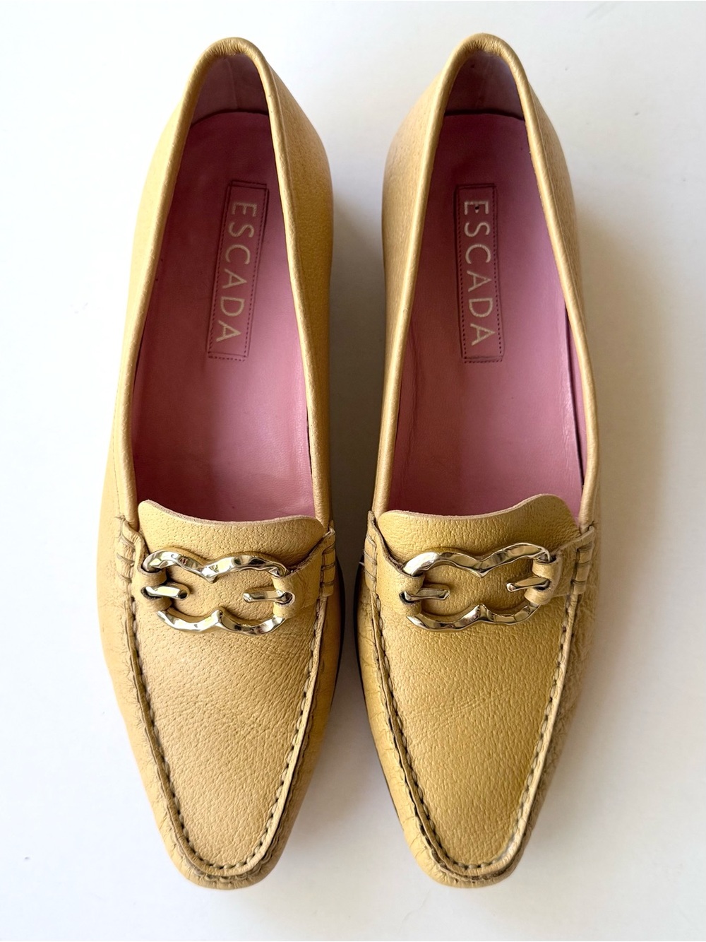 Escada Hand Sewn Moccasin Loafers Tan / Camel Leather w/ Gold Logo Detail 36.5
